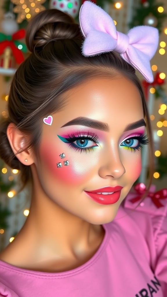 Kawaii Christmas makeup with pastel colors, glitter, and festive decorations.